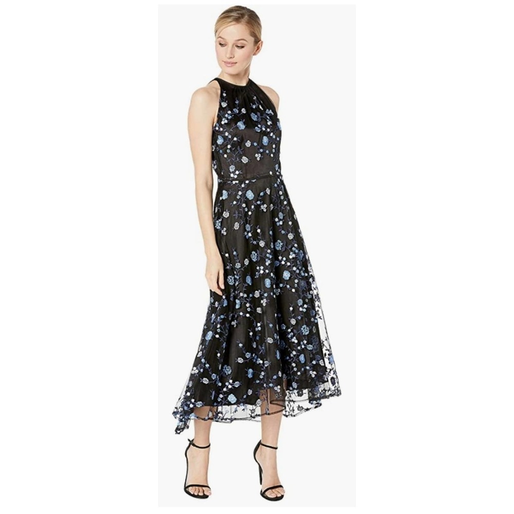 Tahari ASL Embroidered Floral Midi Dress Black 2